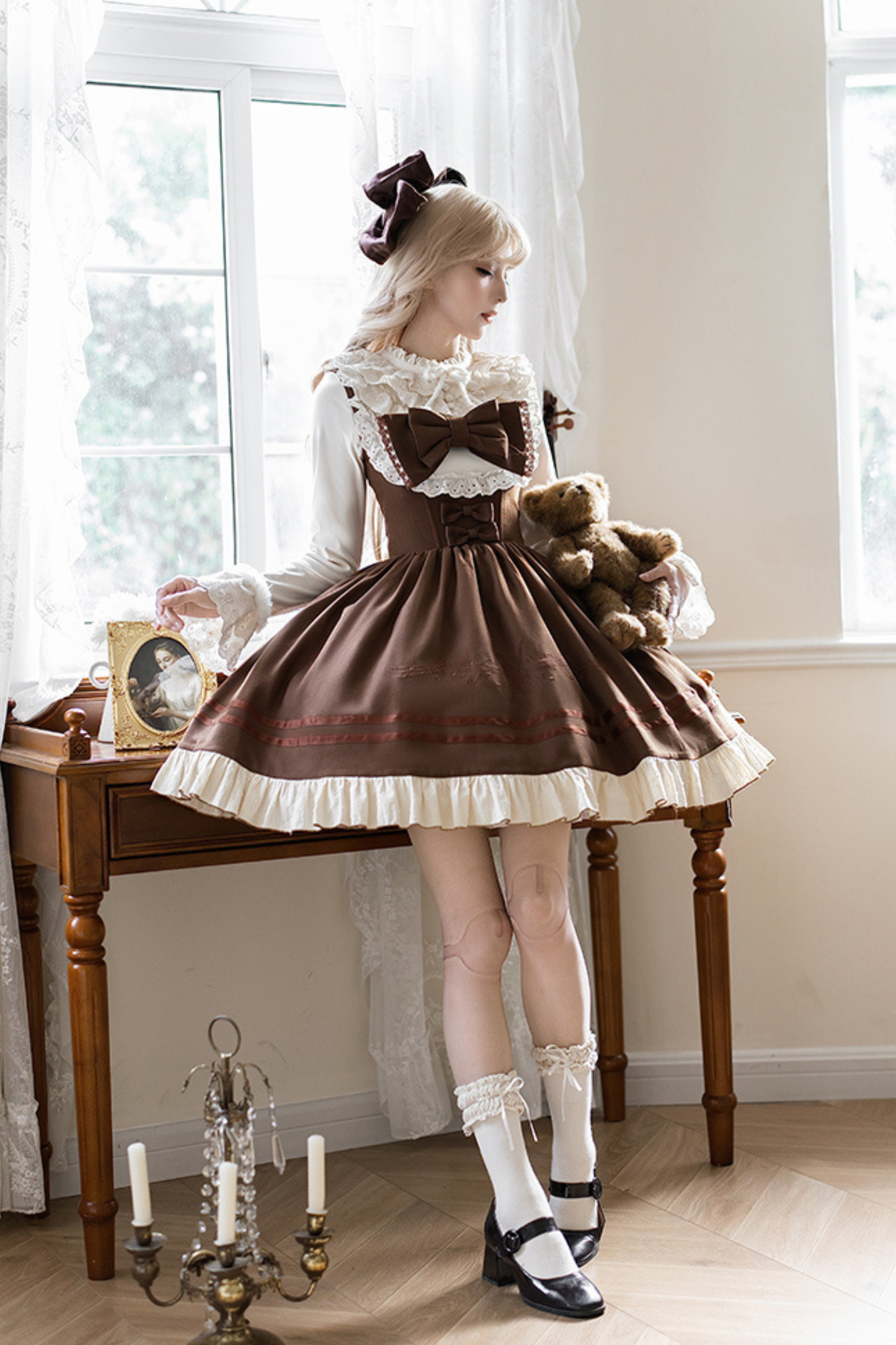 ツインフリルドールジャンパースカート+トップス+リボン+ハット