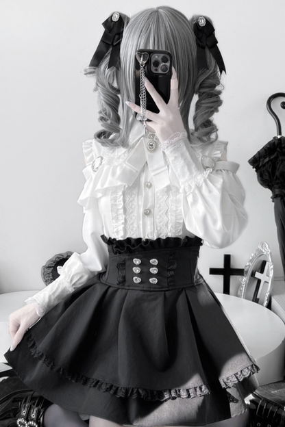 [Deadline for reservations: October 15] Open Shoulder Heart Leather Strap Ruffle Ribbon Shirt