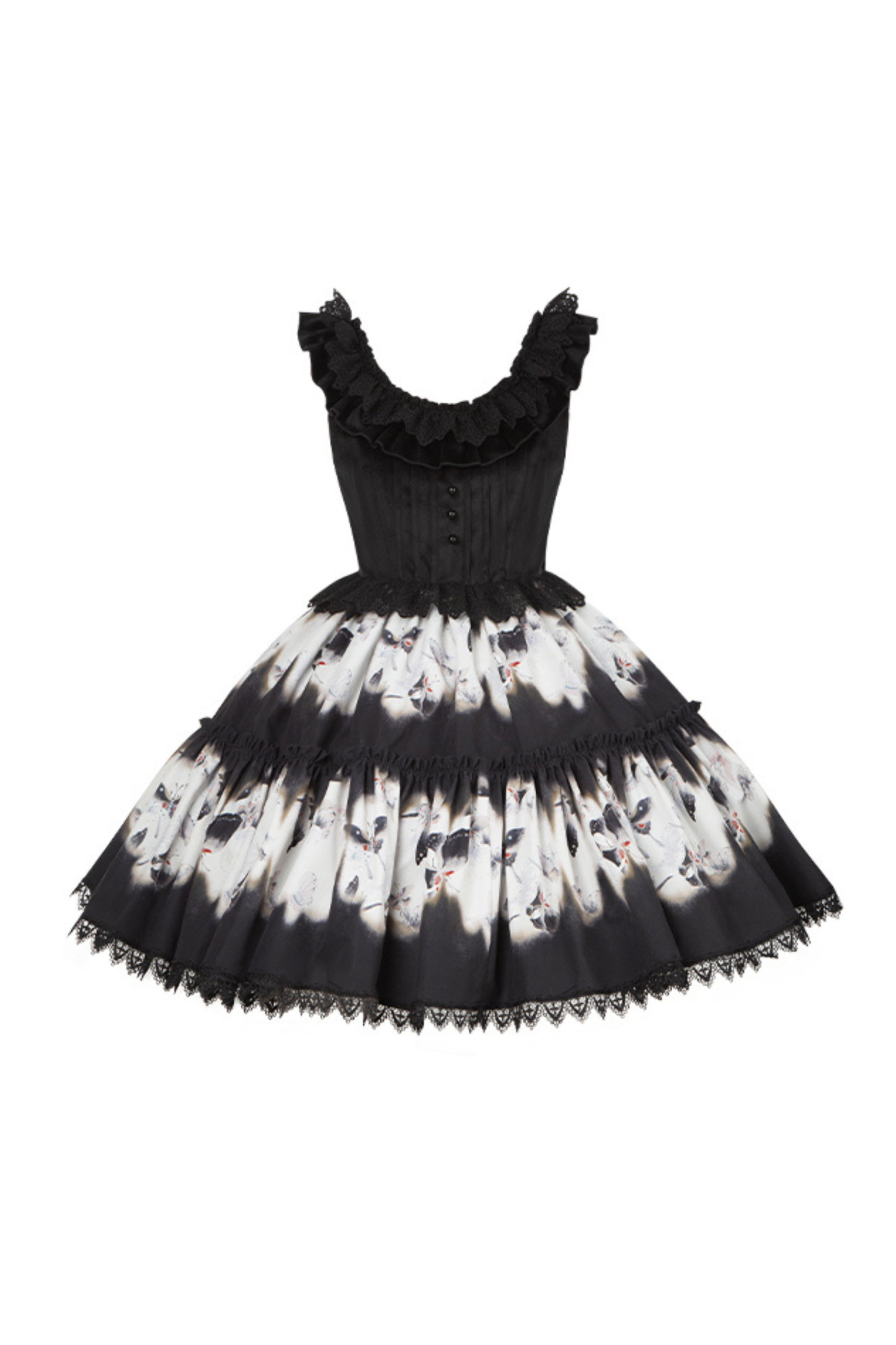 シックバタフライプリントスイングロリータドレス+ジャンパースカート+ヘアバンド+インナー+リボン