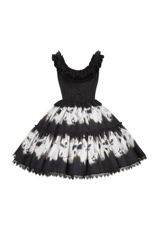 シックバタフライプリントスイングロリータドレス+ジャンパースカート+ヘアバンド+インナー+リボン