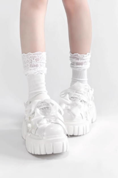 【12月8日予約締切】ブラックホワイトリボンエンジェルプラットフォームパンクサブカルスニーカー