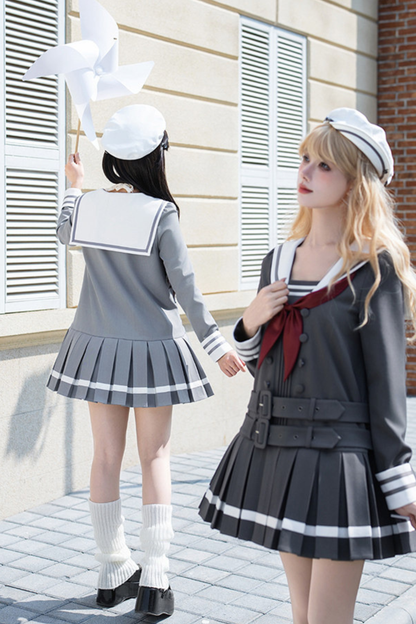 Robe collège plissée à col marin + Ruban + Chapeau