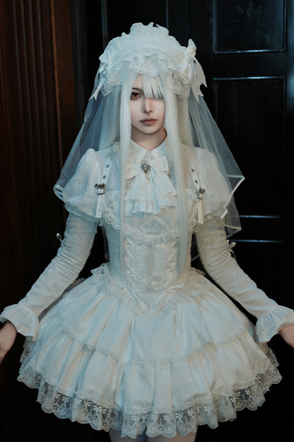 White gothic gemini Lolita dress + corset + ribbon + hair band + veil