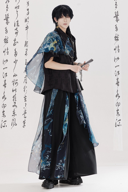 ダークチャイナシャツ+ワイドレッグパンツ+チェーン+ベルト