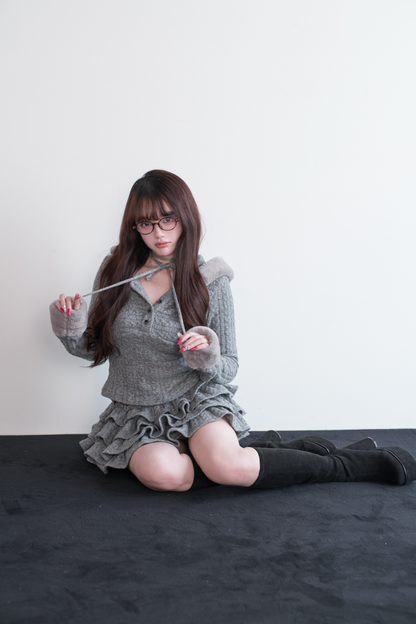 ケーブルニットトップス+ティアードスカート