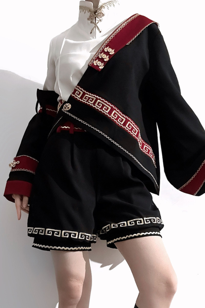 レトロスタンドカラーシャツ+ハーフパンツ+ジャケット