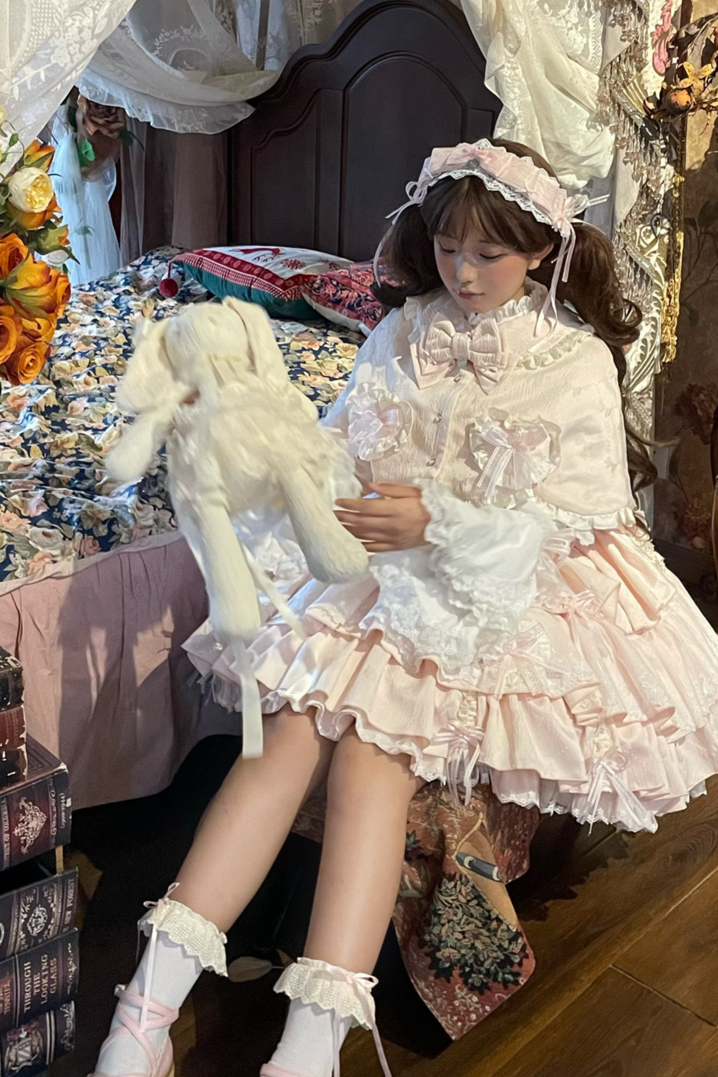 レイヤーフリルスイートプリンセスロリータジャンパースカート+テール+ヘアバンド+ケープ+ボンネット