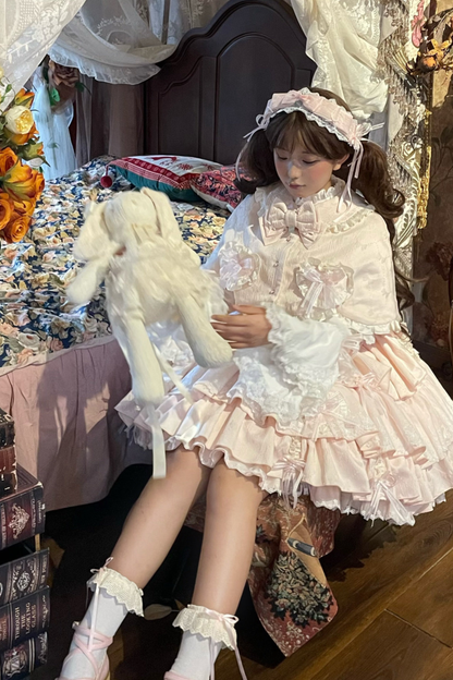 レイヤーフリルスイートプリンセスロリータジャンパースカート+テール+ヘアバンド+ケープ+ボンネット