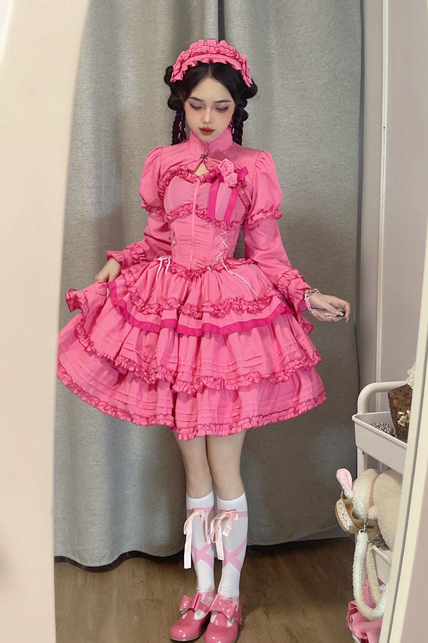 ゴシックレトロヘリンボーンウエストスリミングロリータドレス