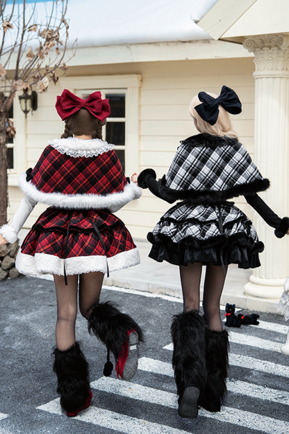 チェックドールジャンパースカート+リボンブローチ+ピン+ラブブローチ+ショール+トップス+レッグカバー
