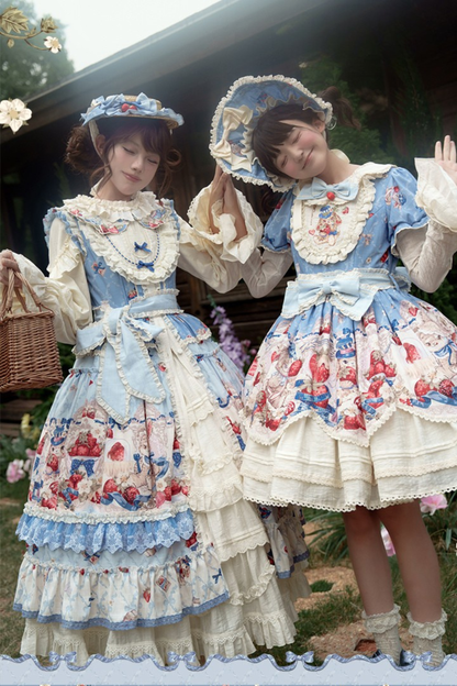 Rabbit Berry Embroidery Print Dress + Bonnet + Hat