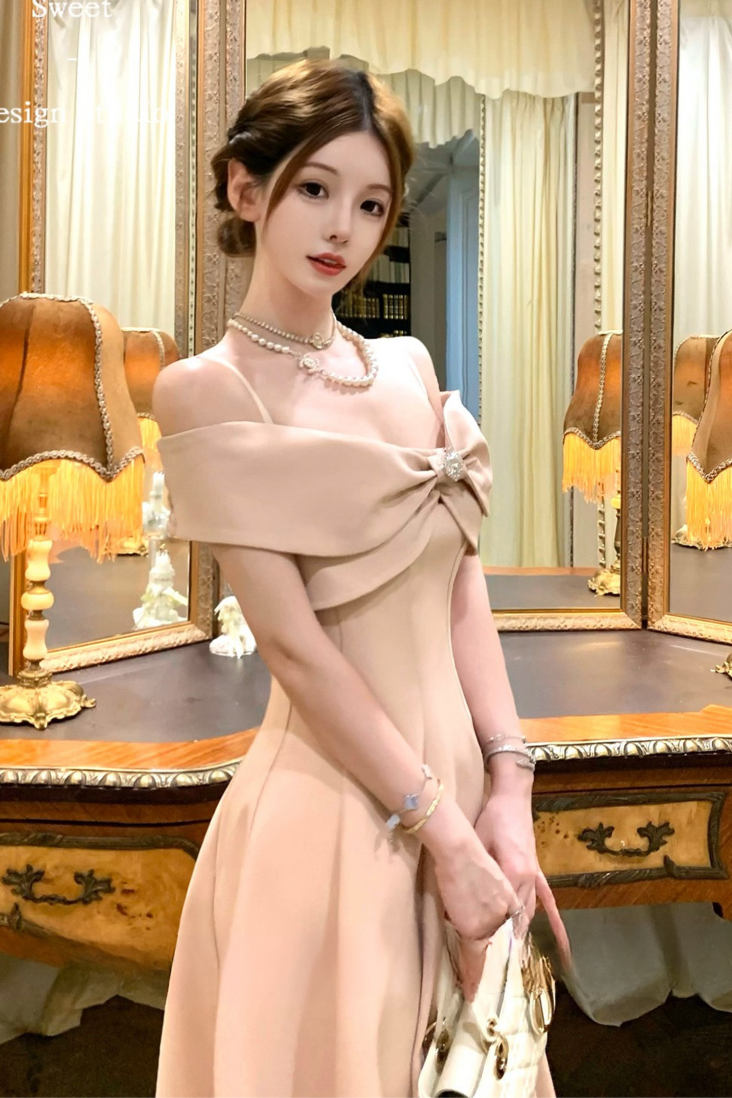 オフショルダーリボンショートフレアドレス＋ロングフレアドレス