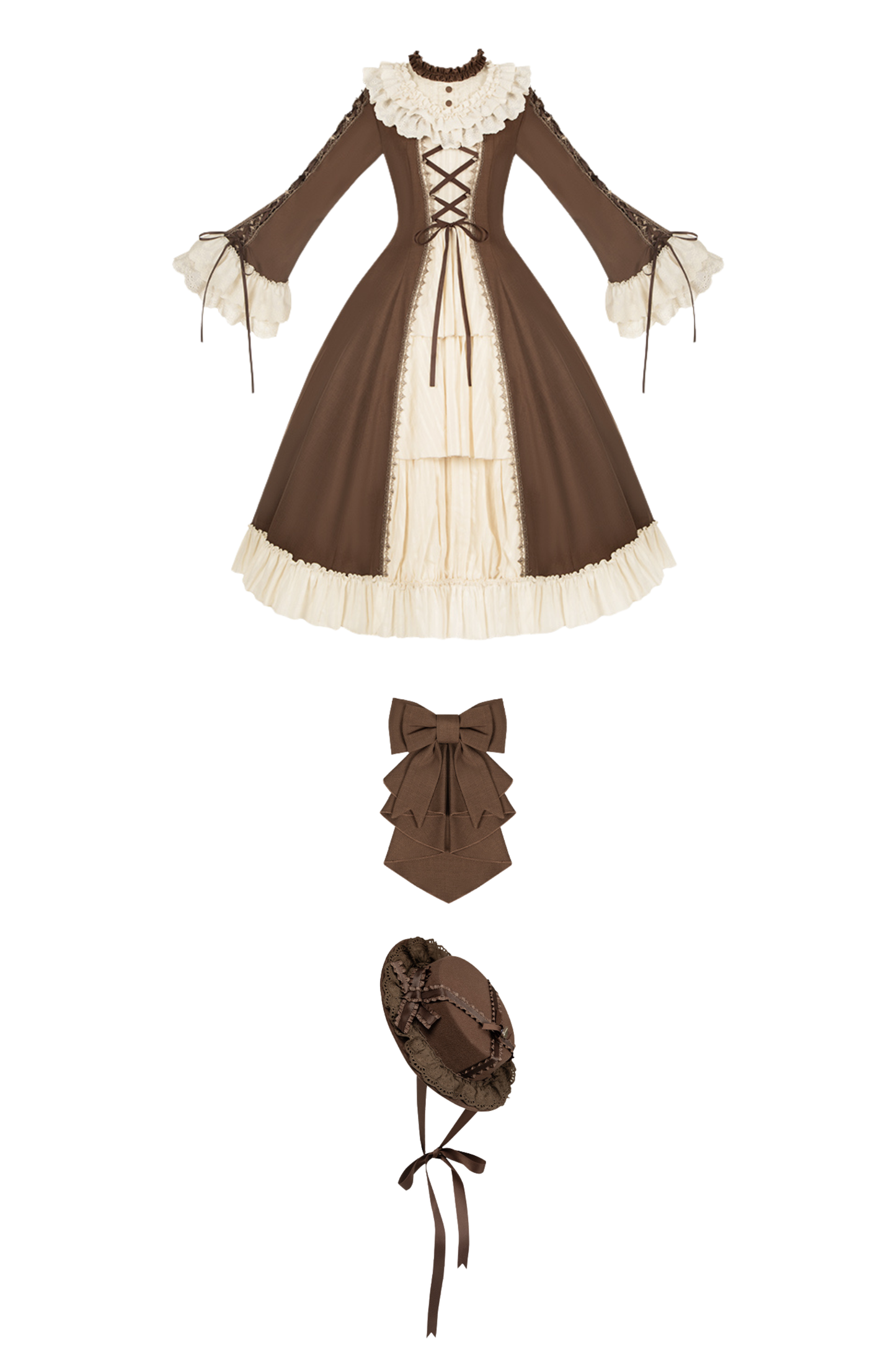 レーススタンドカラーフレアスリーブツインドールロリータドレス+カラー+ハット