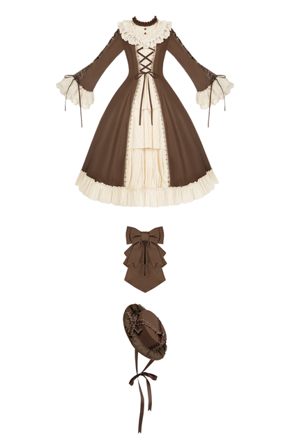 レーススタンドカラーフレアスリーブツインドールロリータドレス+カラー+ハット