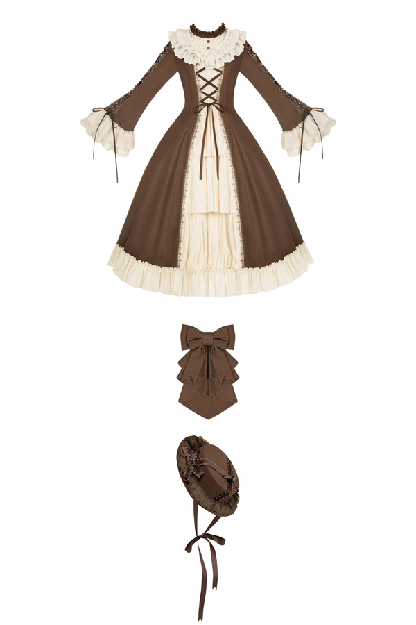 レーススタンドカラーフレアスリーブツインドールロリータドレス+カラー+ハット