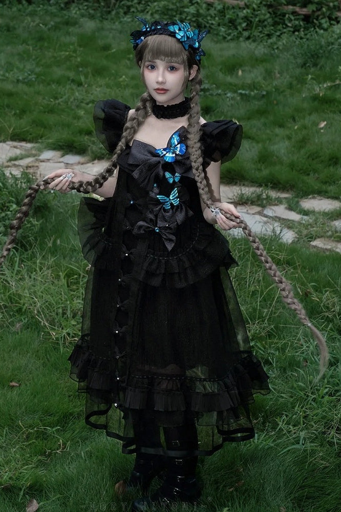 [Vorbestellfrist: 1014] Schwarz/weißes Gothic-Lolita-Set aus Puppenkleid mit Schmetterlingsschleife, Bandkragen und Flatterärmeln + Puppenkleid mit eckigem Ausschnitt und Flatterärmeln