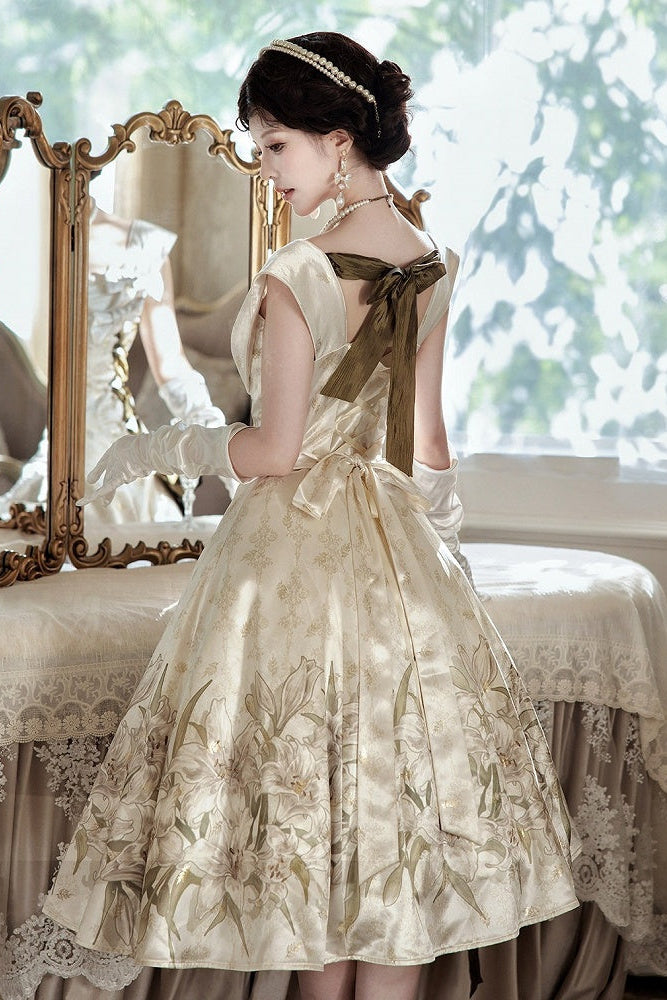 [Reservierungsschluss 2. August] Elfenbeingold x Olivgrün elegantes klassisches Lolita-Kleid mit Lilienprint, Jacquard, Schnürung und Schleife