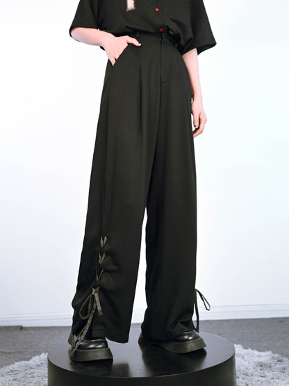 Lace-up straight leg casual slacks pants