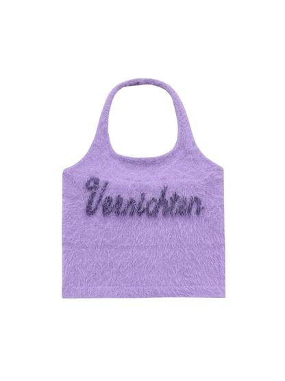 Imitation Mink Hair Halter Logo Sling Neck Top