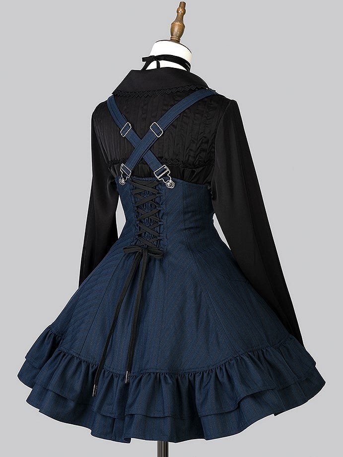 【12月29日予約締切】ゴシックロリータダークカラーストライプバッククロスフリルサスドレス