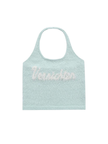 Imitation Mink Hair Halter Logo Sling Neck Top