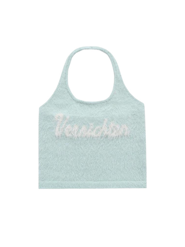 Imitation Mink Hair Halter Logo Sling Neck Top