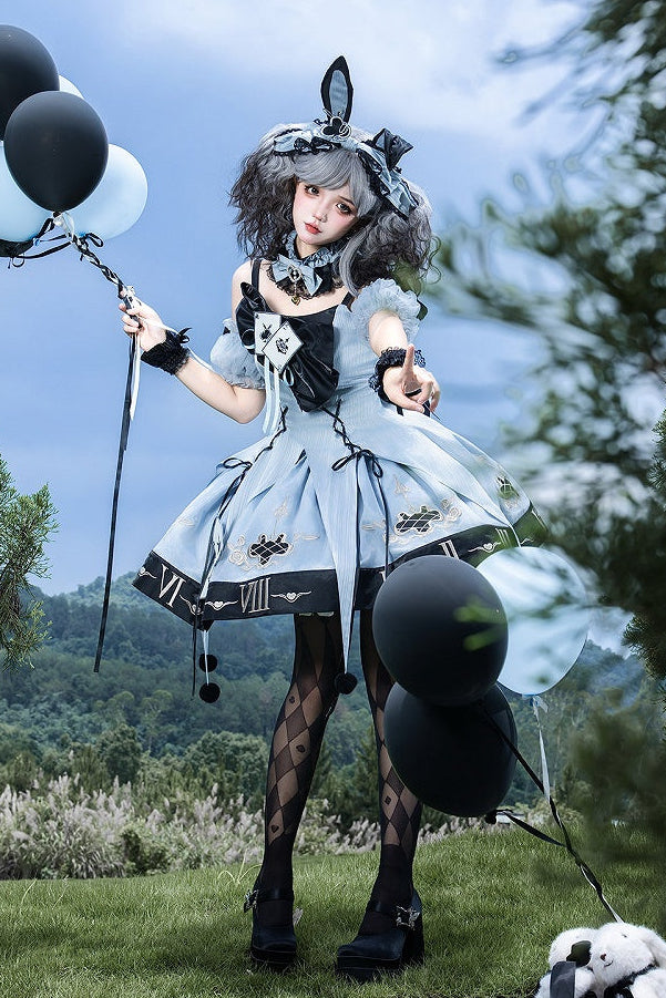 [Reservierungsschluss 10. Juli] Blau-schwarzes Alice-Gothic-Lolita-Komplettset mit Hasenohren-Haarreif und Kleid