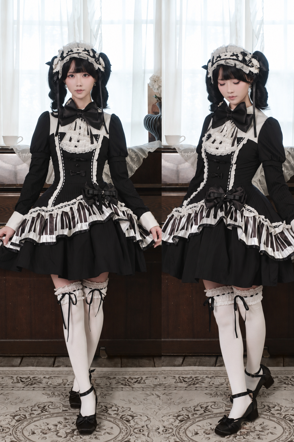 [Reservierungsschluss 22. Oktober] Schwarz gepunktetes Gothic-Lolita-Rüschenkleid mit asymmetrischem Design, Klaviertasten- und Musiknotenmotiv sowie Klaviertasten-Spitzenfliege