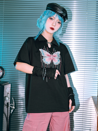 Butterfly Phantom Loose Cotton Polo Top