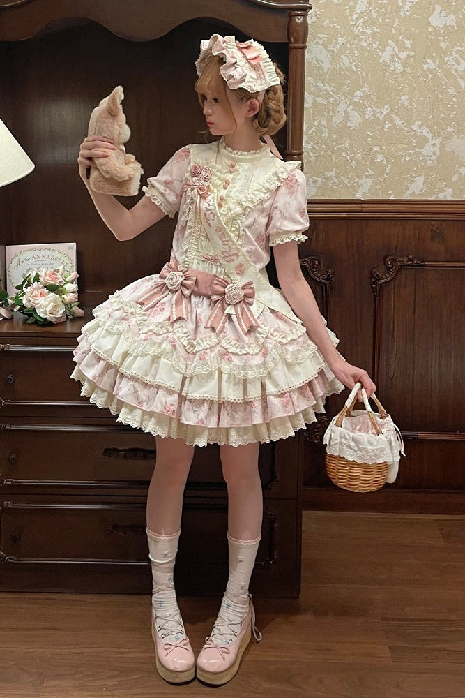 [Reservierungsschluss 7. September] Pink-blaues süßes Lolita-Stufenkleid mit romantischem Rosenprint