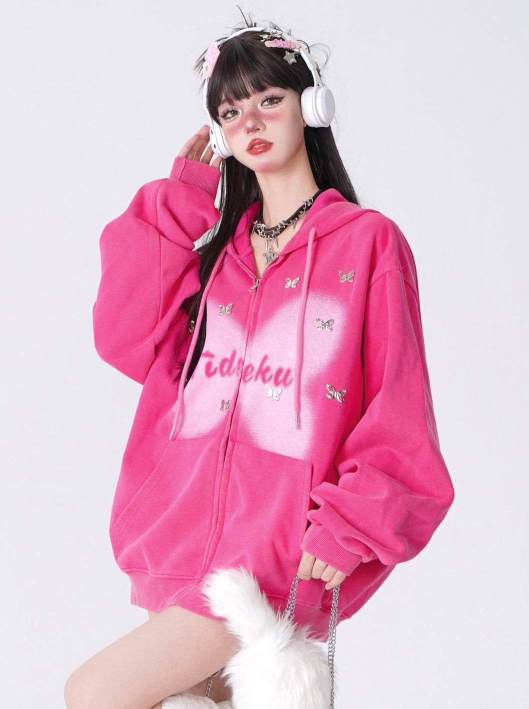 Butterfly Zipper Over Hooded Hoodie