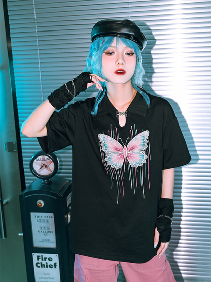 Butterfly Phantom Loose Cotton Polo Top