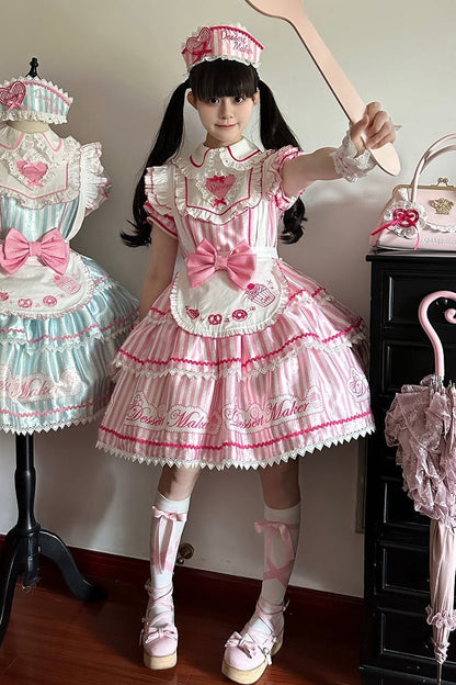 【6月18日予約締切】ピンク/ ブルー/ブラックスイートメイドロリータキャンディストライプティアードドレス＋ドレスセット1/2/3