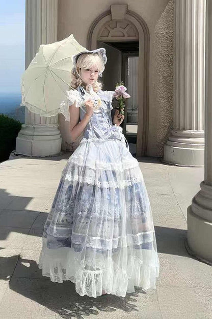 [Reservierungsschluss 3. August] Snow on the Seine River elegantes Lolita-Set mit Schleifen-Rüschen-Korsett-Bustier+langem Rock mit Kunstdruck+langem Tüll-Überrock