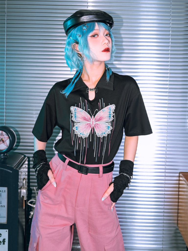 Butterfly Phantom Loose Cotton Polo Top