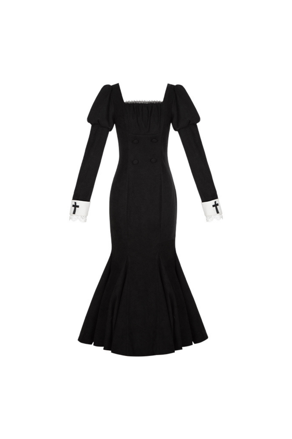 Chic mermaid dress + lace-up short dress + cloak coat + collar + ribbon brooch