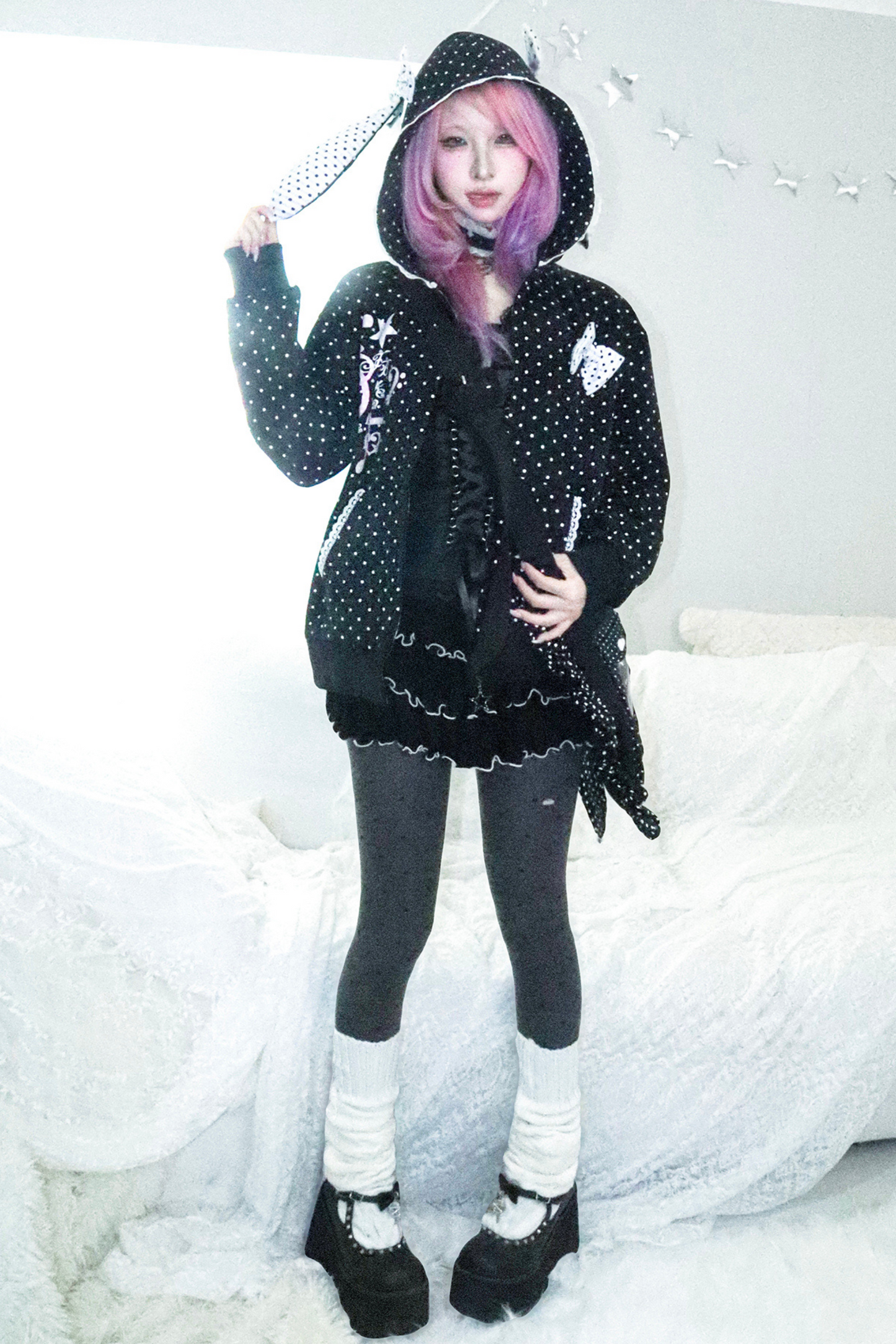 Y2Kガールドットバニーフードパーカー