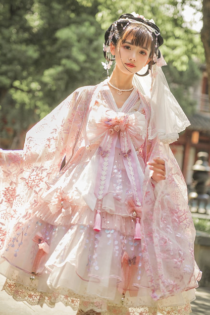 사쿠라 스위트 차이나 로리타 셔츠 + 목걸이 + 리본 + 베일 + 클립