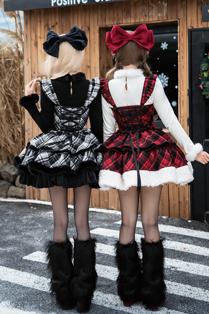 チェックドールジャンパースカート+リボンブローチ+ピン+ラブブローチ+ショール+トップス+レッグカバー
