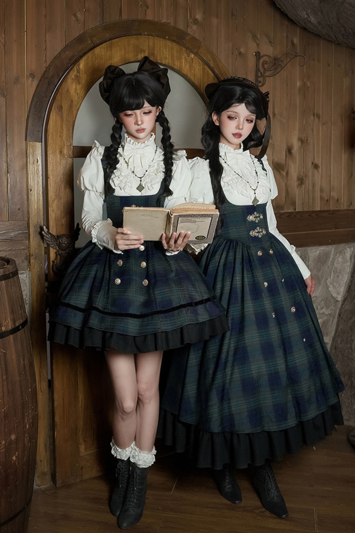 レトロカレッジスタイルチェックロリータスカート＋ジャケット＋マント＋ブラウス＋リボン＋ネックレス