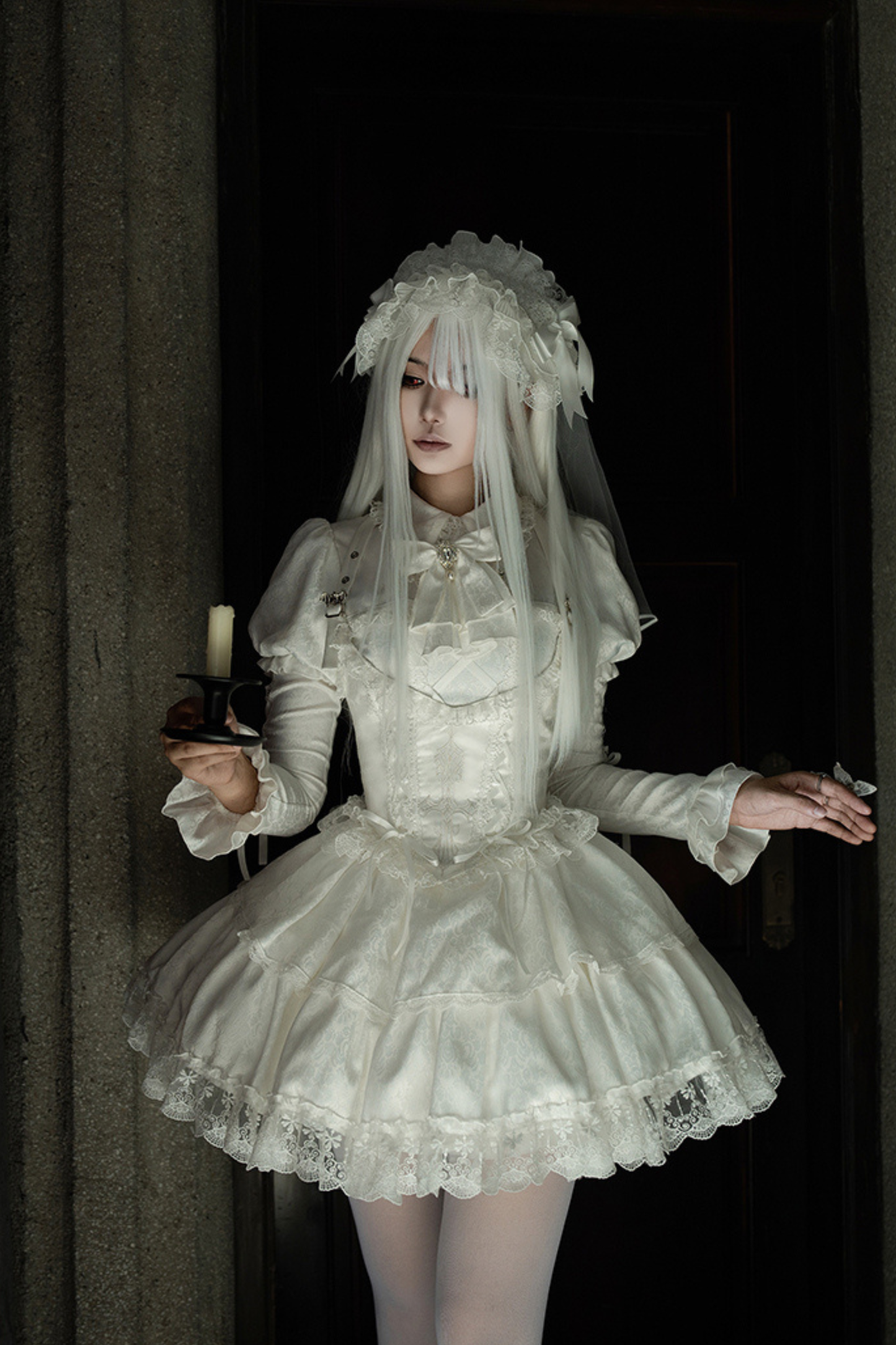 White gothic gemini Lolita dress + corset + ribbon + hair band + veil