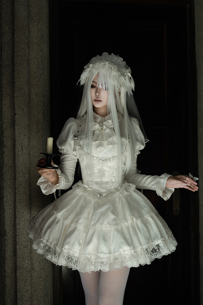White gothic gemini Lolita dress + corset + ribbon + hair band + veil