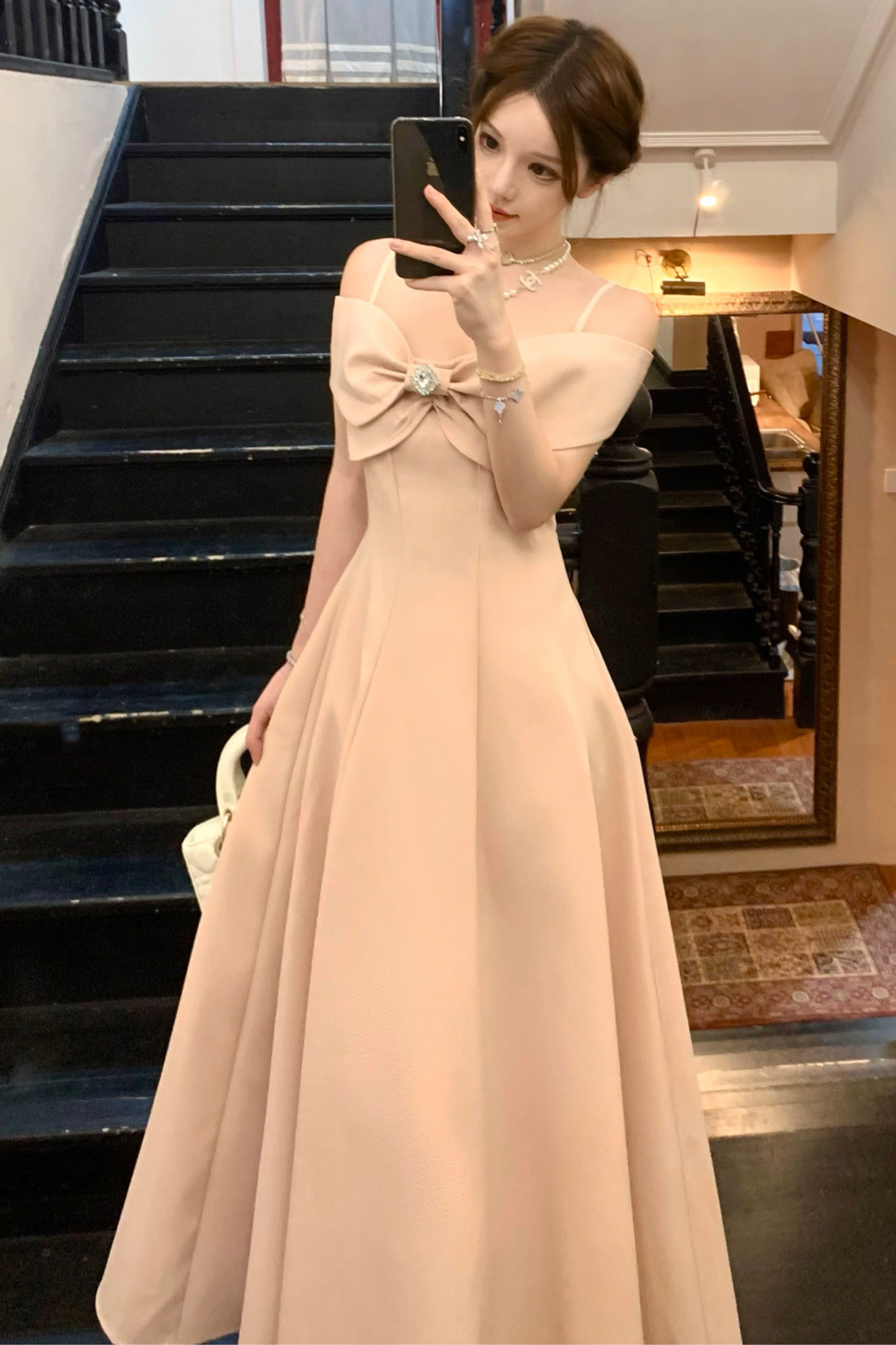 オフショルダーリボンショートフレアドレス＋ロングフレアドレス