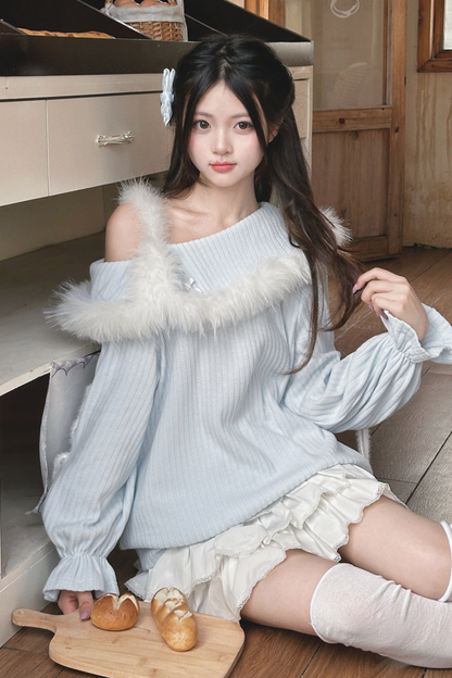 スイートブルーオフショルダーニットトップス