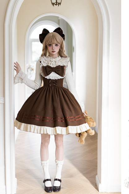ツインフリルドールジャンパースカート+トップス+リボン+ハット