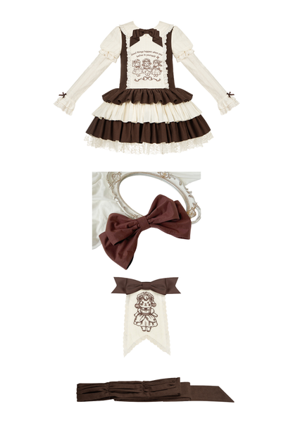 Doll Fairy Tale Lolita Dress + Ribbon Brooch + Belt + 2-way Embroidery Brooch