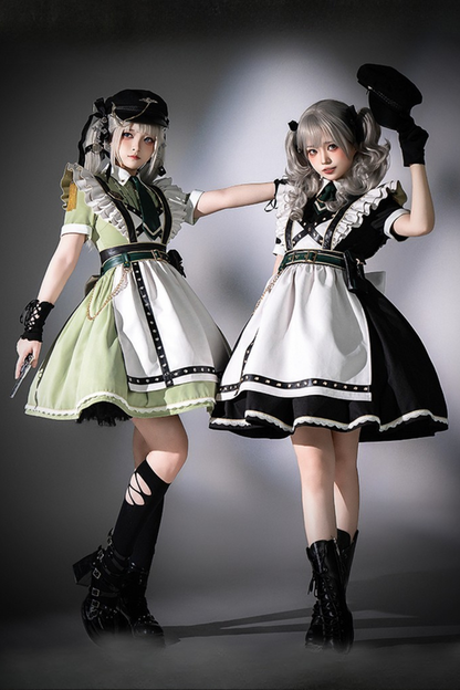 Schwarz-grünes Militär-Maid-Lolita-Kleid Komplettset