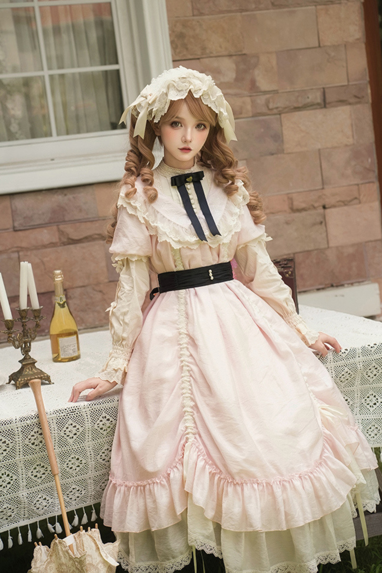 【予約商品】ローズフリルロリータドレス+ドレス＋ベルト＋ブローチ＋リボン＋ヘッドバンド＋スリーブ