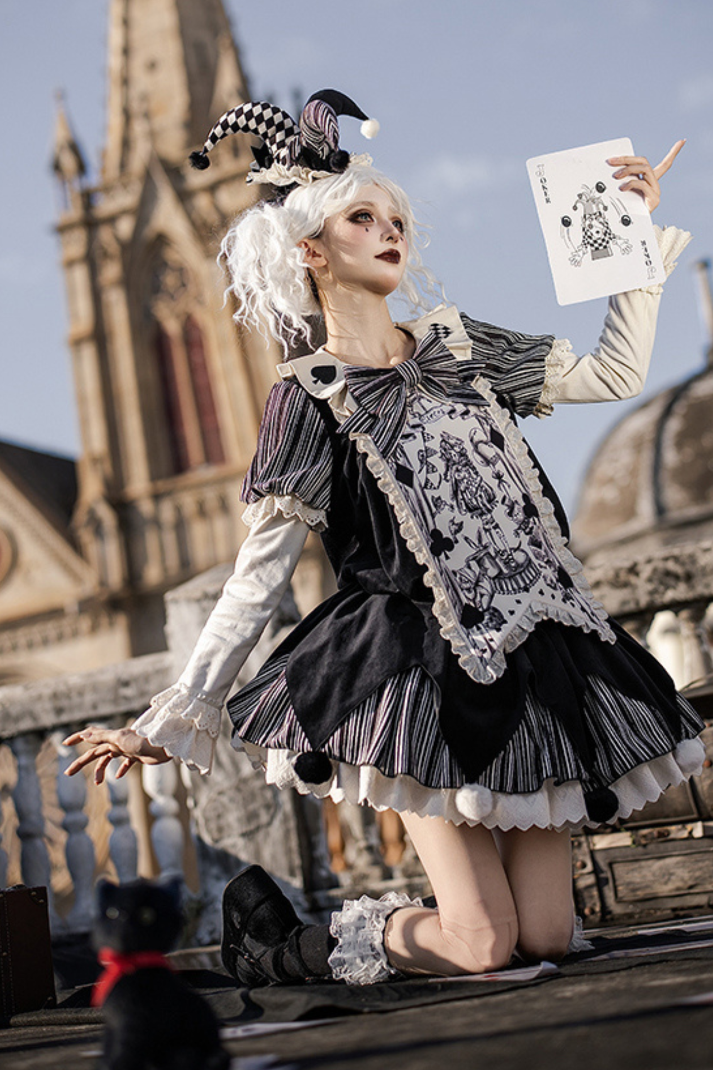 ドールサーカスピエロロリータドレス+カチューシャ+ベルト+リボン+カチューシャ+バッフル