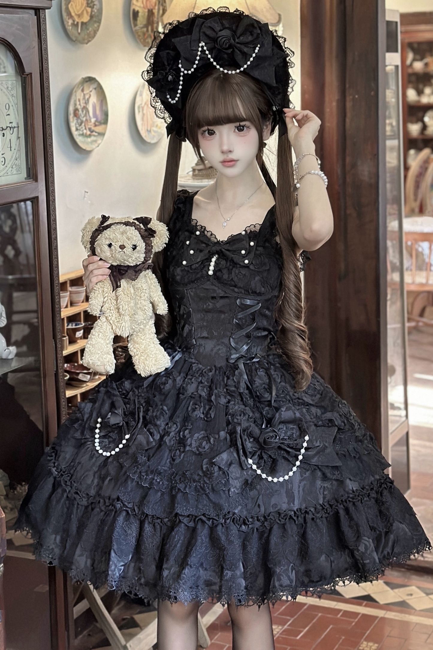 ローズフリルプリンセスジャンパースカート+バッグリボン+ボンネット